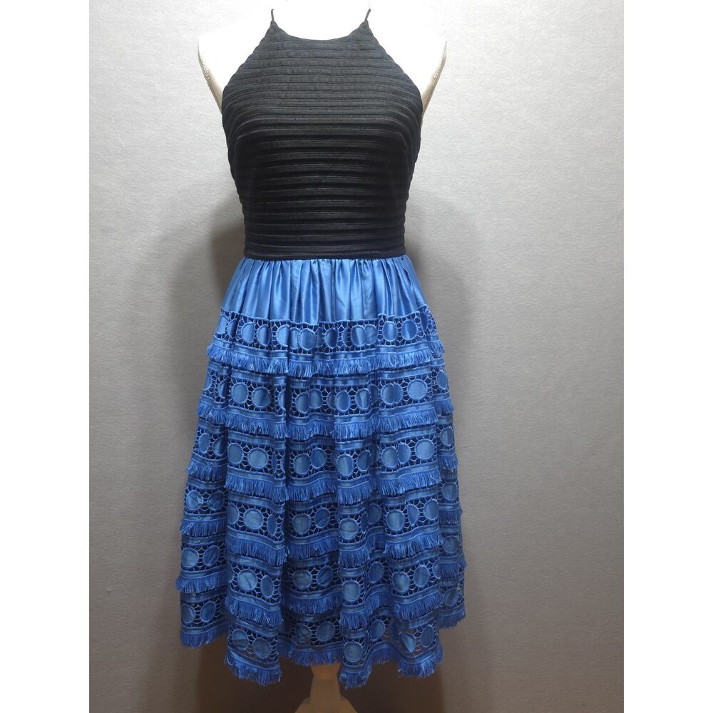 Badgley Mischka Dress Womens 2 Black Blue Fit Flare Lace Fringe Cocktail